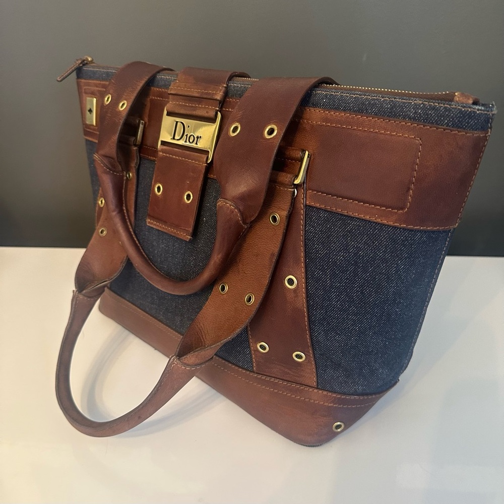 Christian Dior Blue Denim Brown Leather Street Chic Tote Bag Galliano Y2K *MINT*